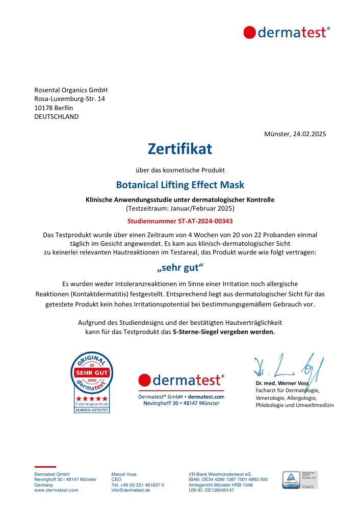 Dermatest-Zertifikat der Botanical Lifting Effect Mask